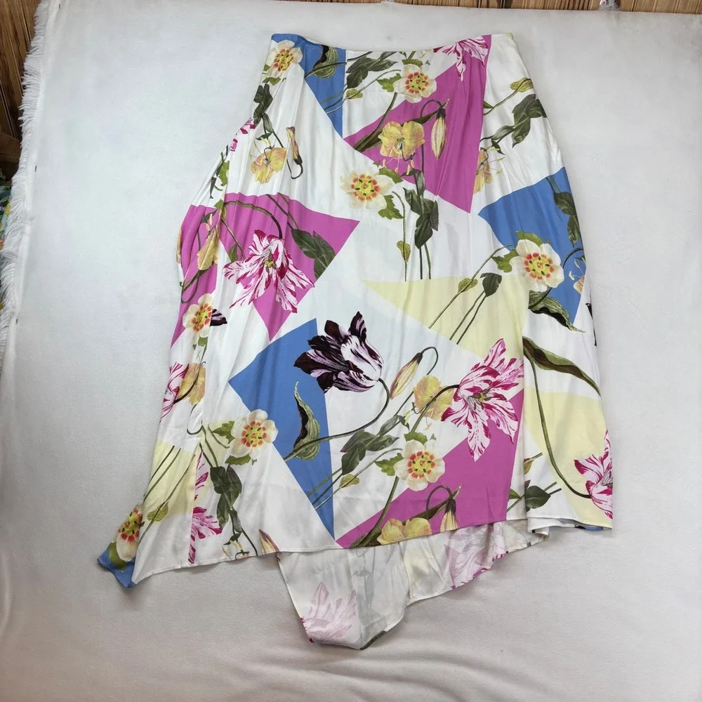 Ted Baker‎ Saphiya Floral Geometric Asymmetric Midi Skirt White Pink Size 5 NEW